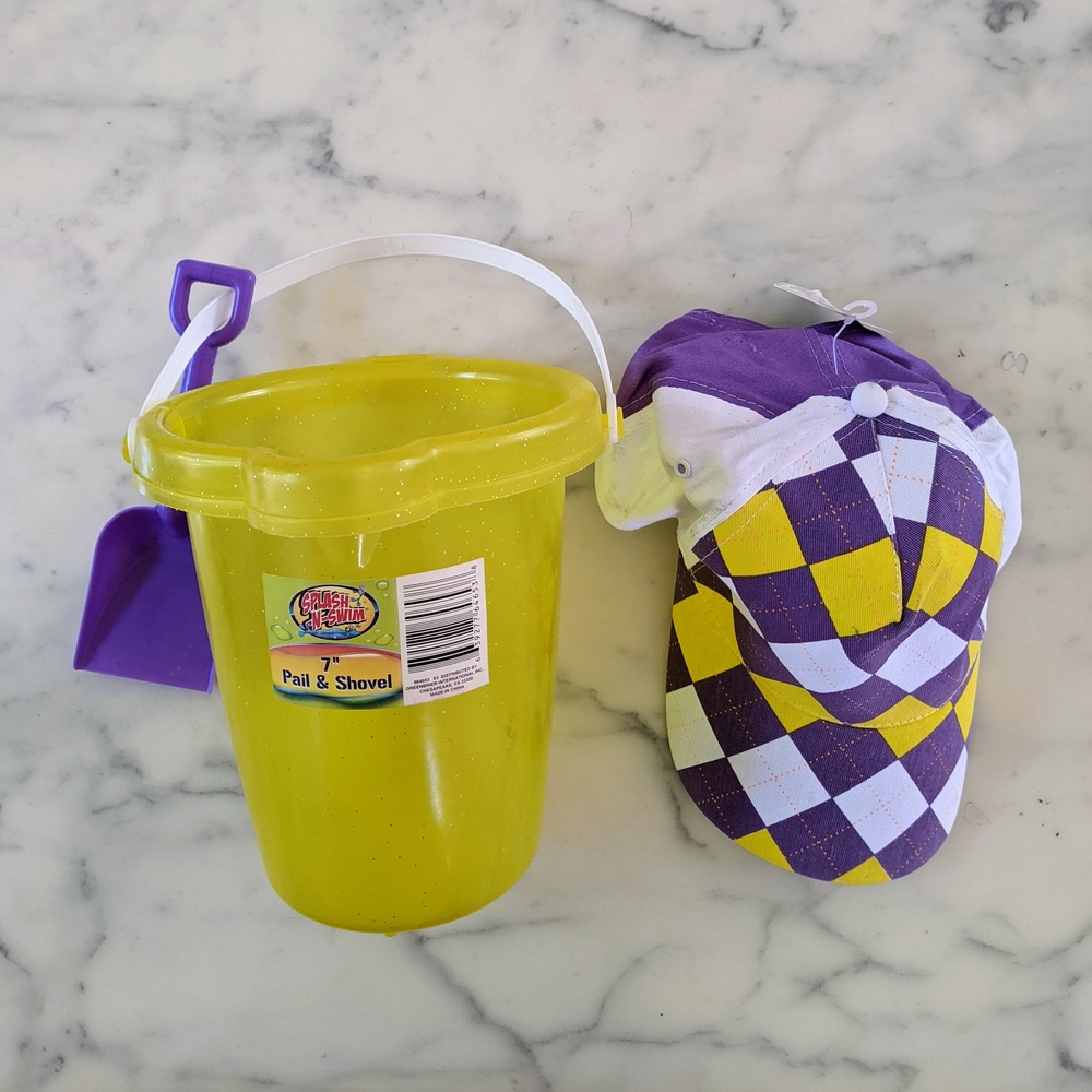 NWT. 7" Yellow Pail and Purple Shovel with Matching Purple, Yellow & White Hat.
